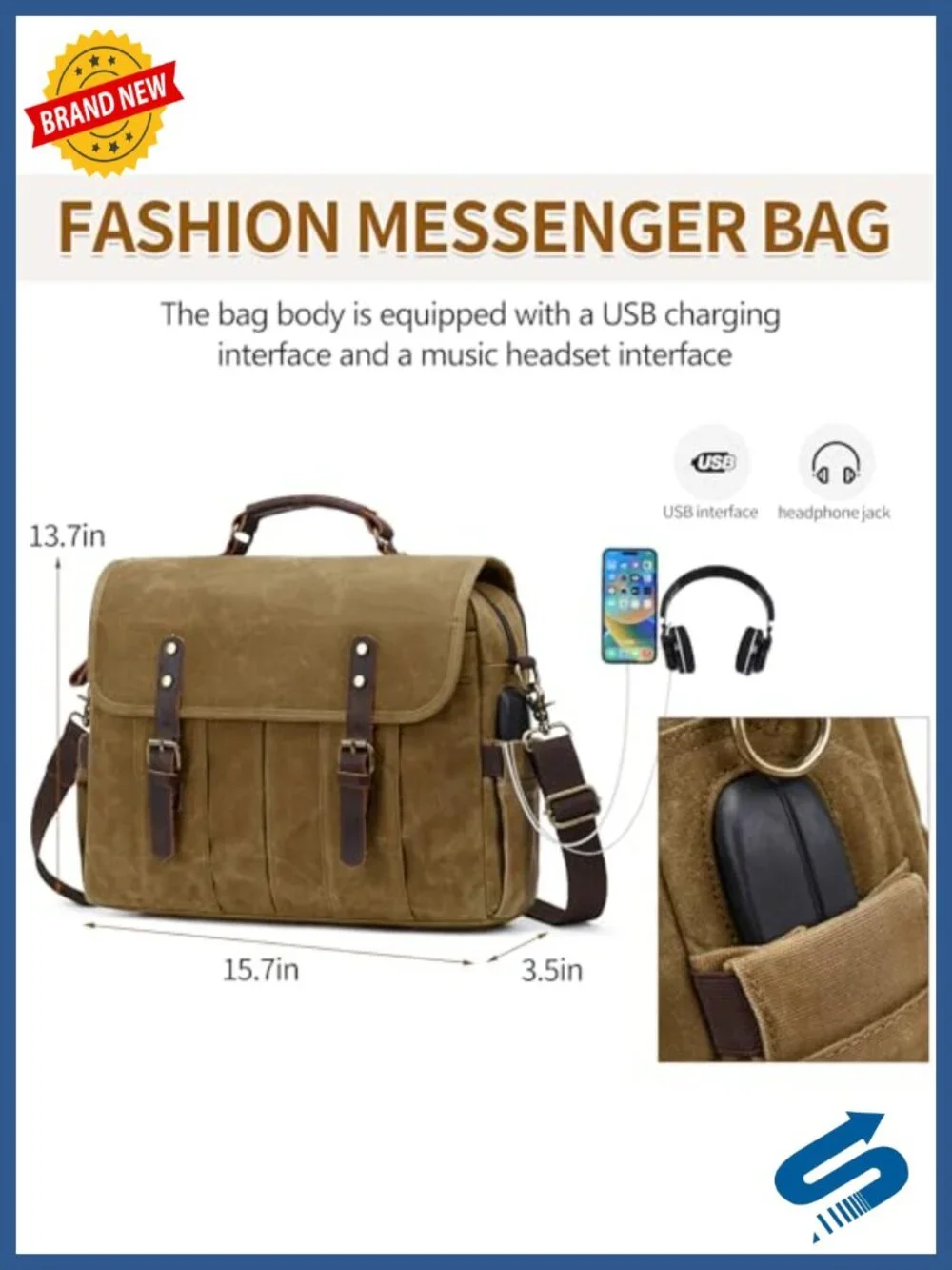 NerIion Messenger Bag Men 15.6 Inch Vintage Canvas Genuine Leather Briefcase